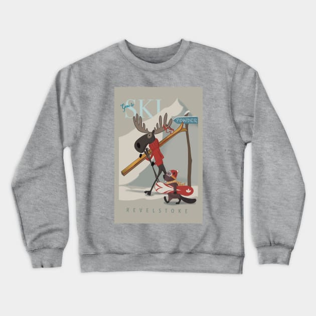 Ski Revelstoke Moose and Beaver travel poster Crewneck Sweatshirt by SFDesignstudio